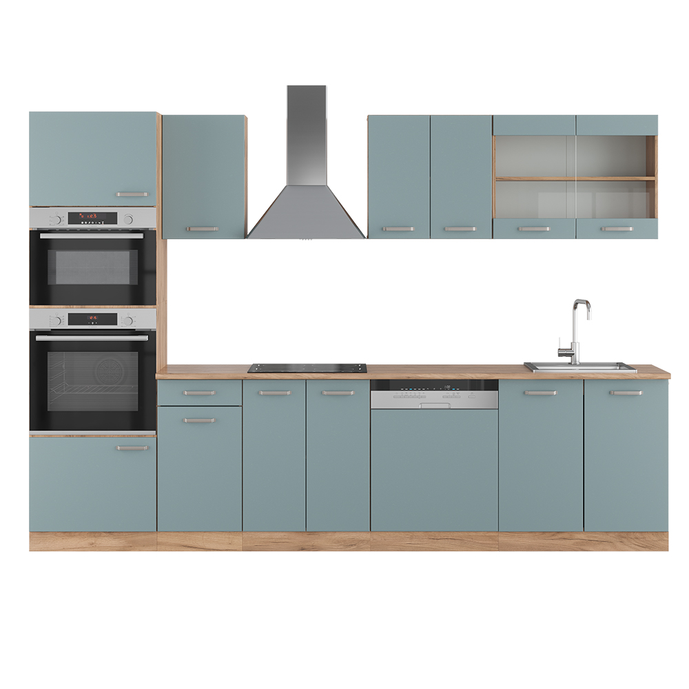Vicco Küchenzeile "R-Line", Blau-Grau/Goldkraft Eiche, 300 cm mit Hochschrank, ohne Arbeitsplatte