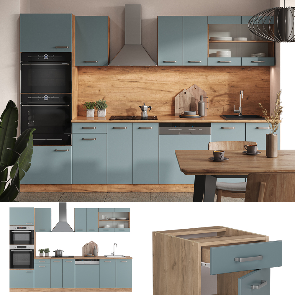 Vicco Küchenzeile "R-Line", Blau-Grau/Goldkraft Eiche, 300 cm mit Hochschrank, ohne Arbeitsplatte
