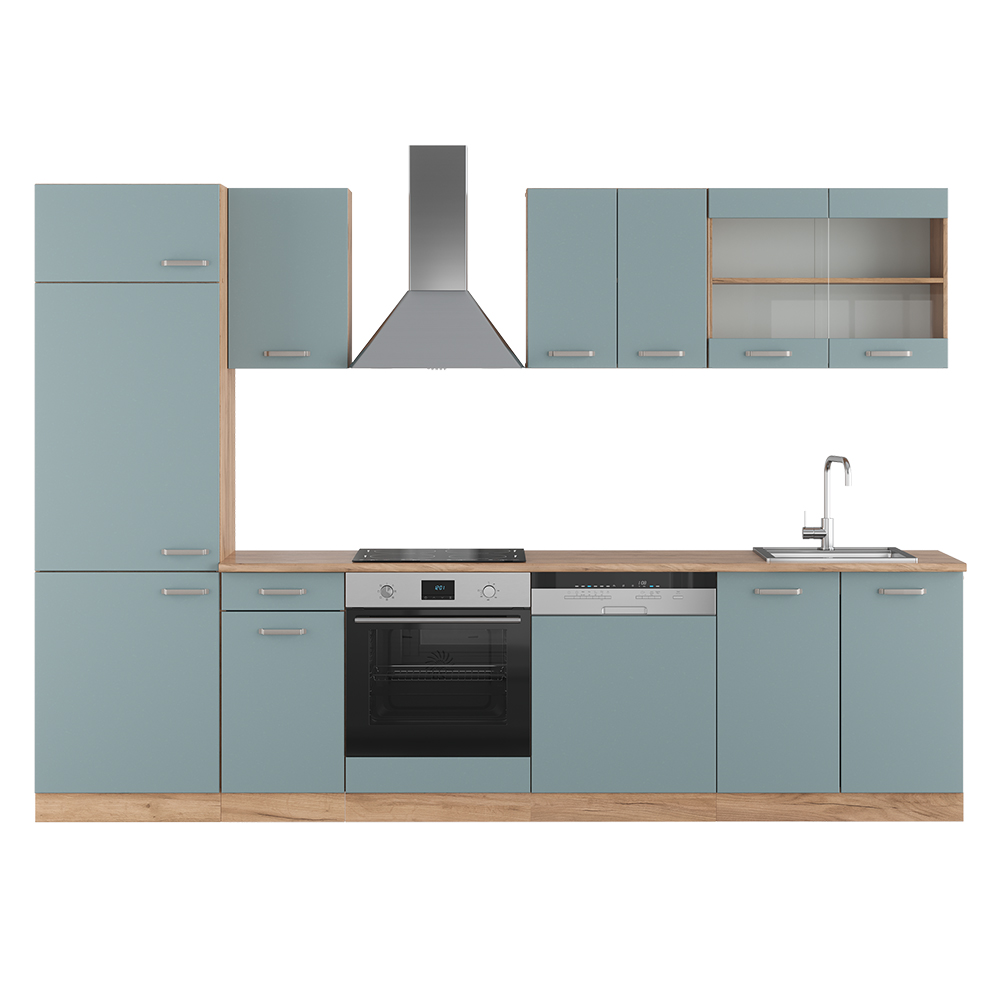 Vicco Küchenzeile "R-Line", Blau-Grau/Goldkraft Eiche, 300 cm ohne Arbeitsplatte