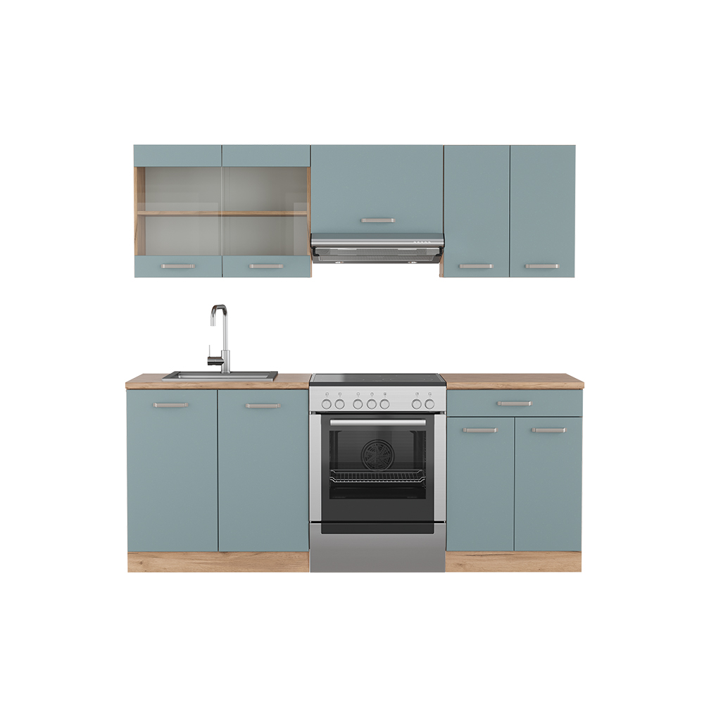 Vicco Küchenzeile "R-Line", Blau-Grau/Goldkraft Eiche, 200 cm ohne Arbeitsplatte