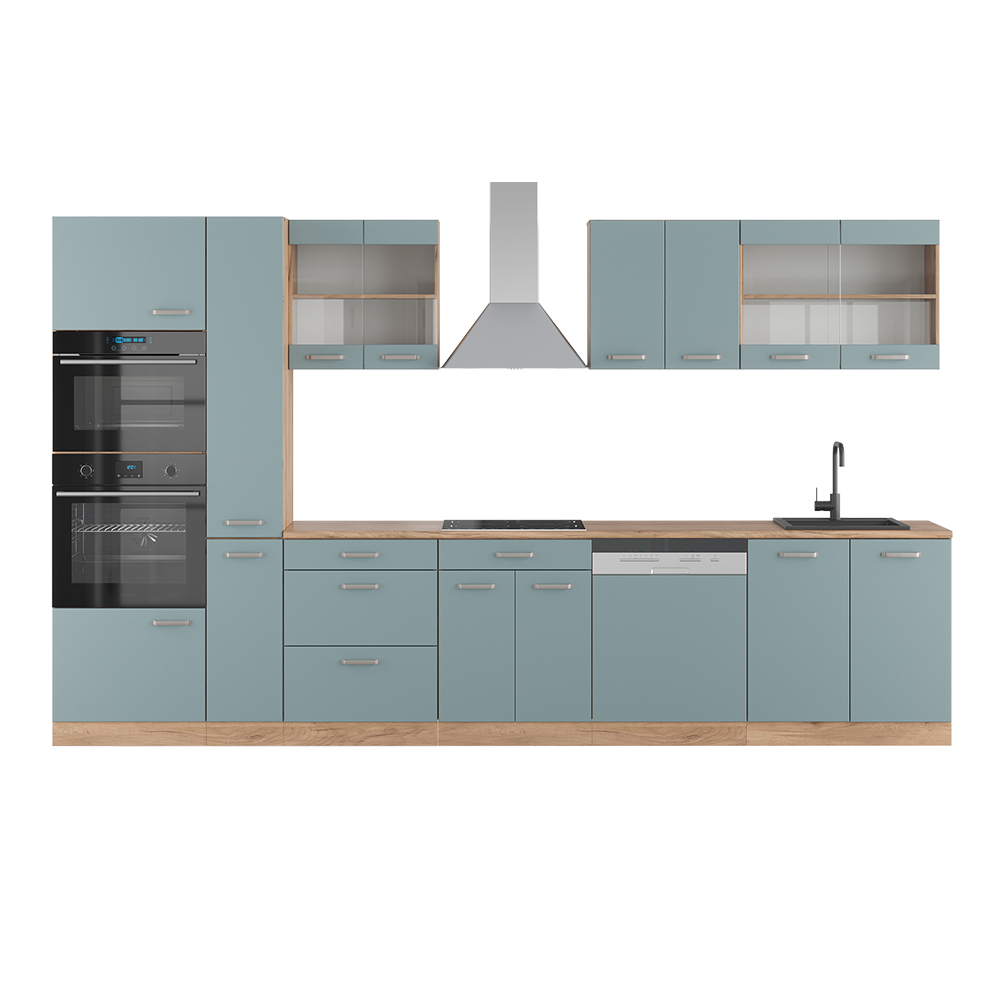 Vicco Küchenzeile "R-Line", Blau-Grau/Goldkraft Eiche, 350 cm mit Hochschrank, ohne Arbeitsplatte