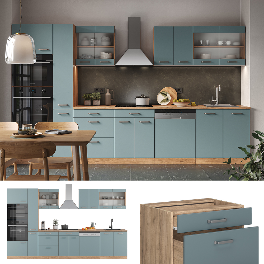 Vicco Küchenzeile "R-Line", Blau-Grau/Goldkraft Eiche, 350 cm mit Hochschrank, ohne Arbeitsplatte