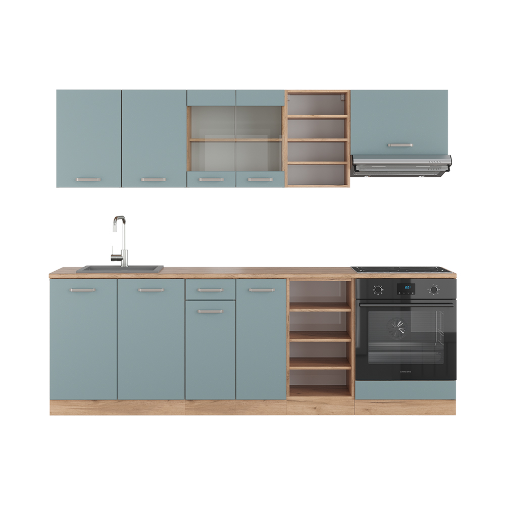 Vicco Küchenzeile "R-Line", Blau-Grau/Goldkraft Eiche, 240 cm ohne Arbeitsplatte
