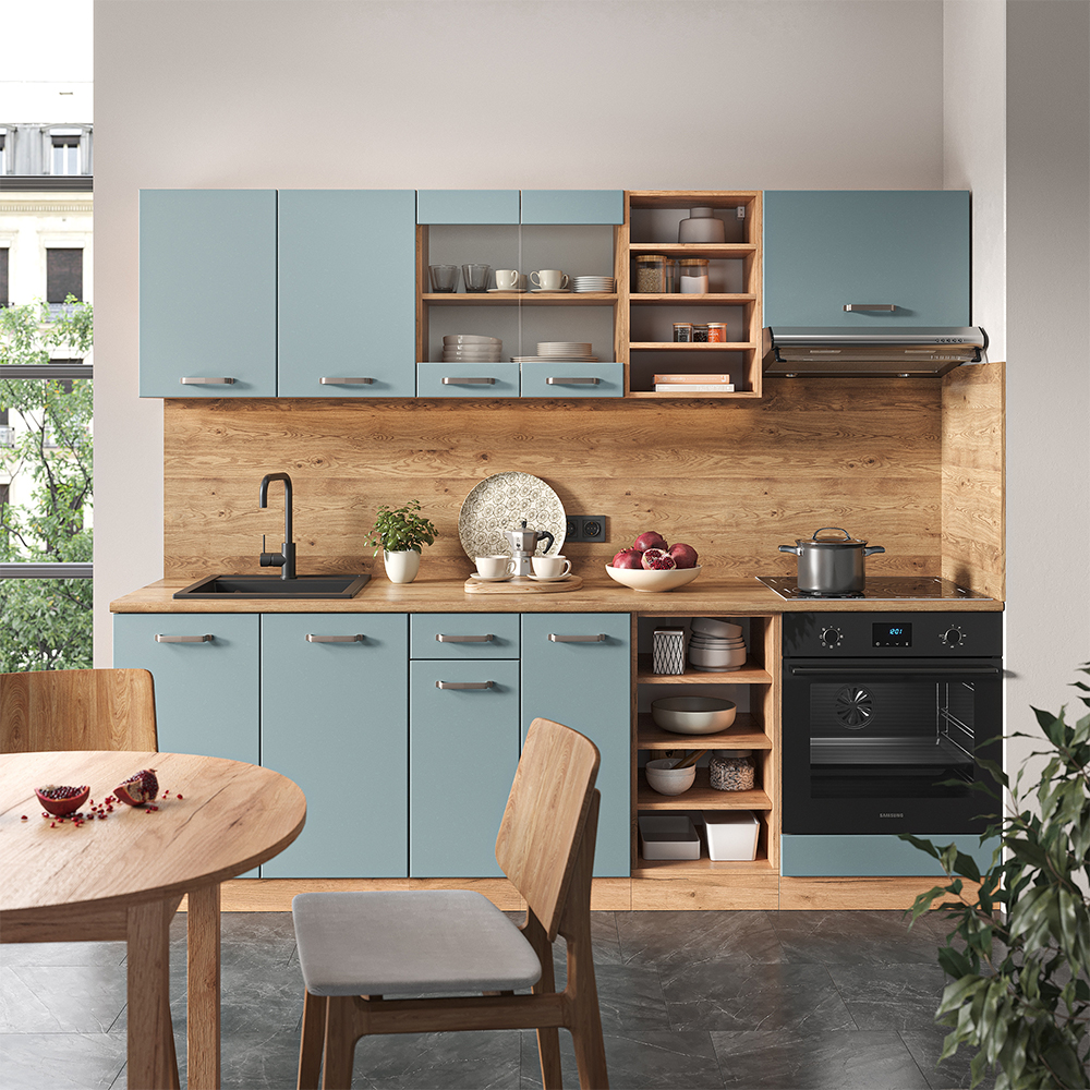 Vicco Küchenzeile "R-Line", Blau-Grau/Goldkraft Eiche, 240 cm ohne Arbeitsplatte