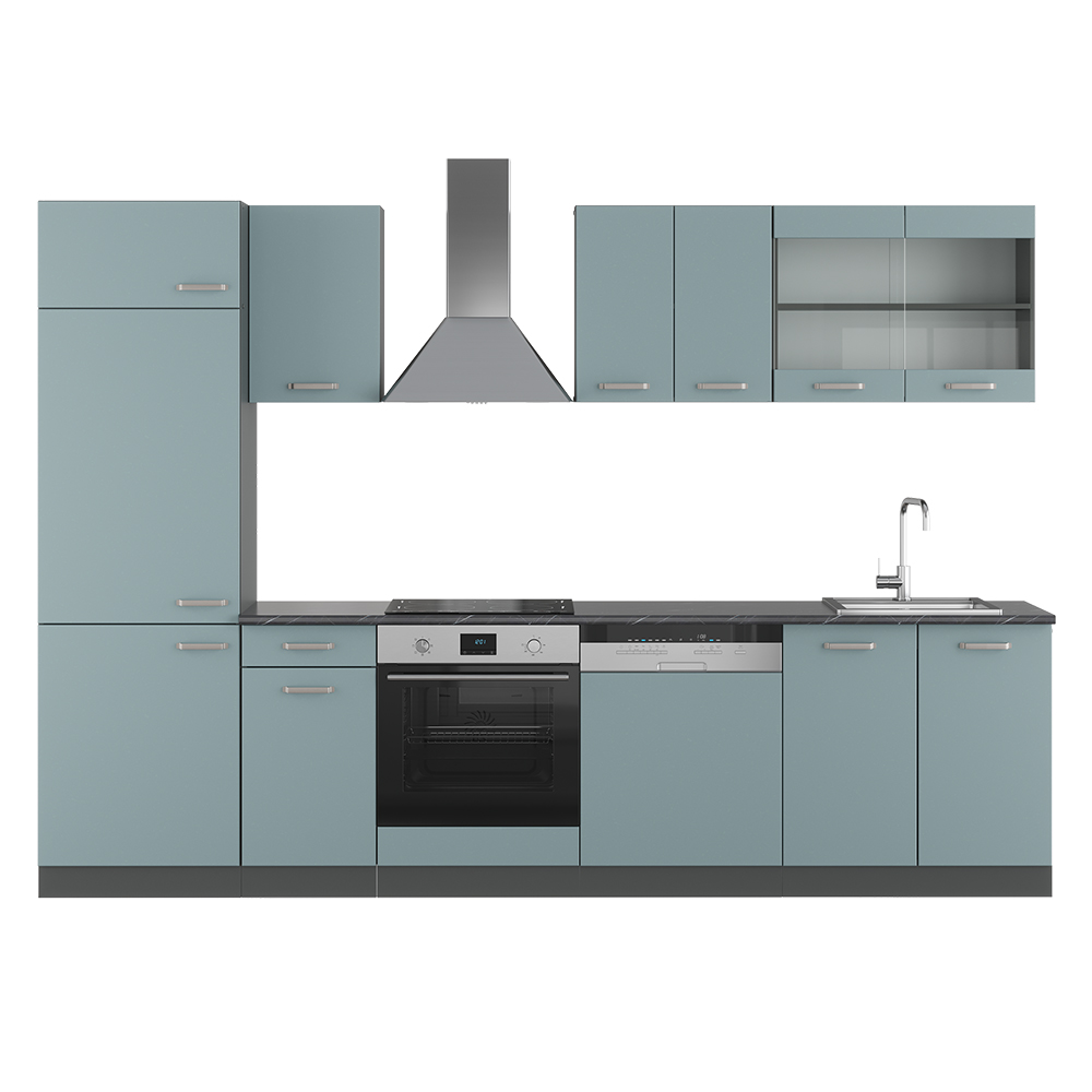 Vicco Küchenzeile "R-Line", Blau-Grau/Anthrazit, 300 cm ohne Arbeitsplatte