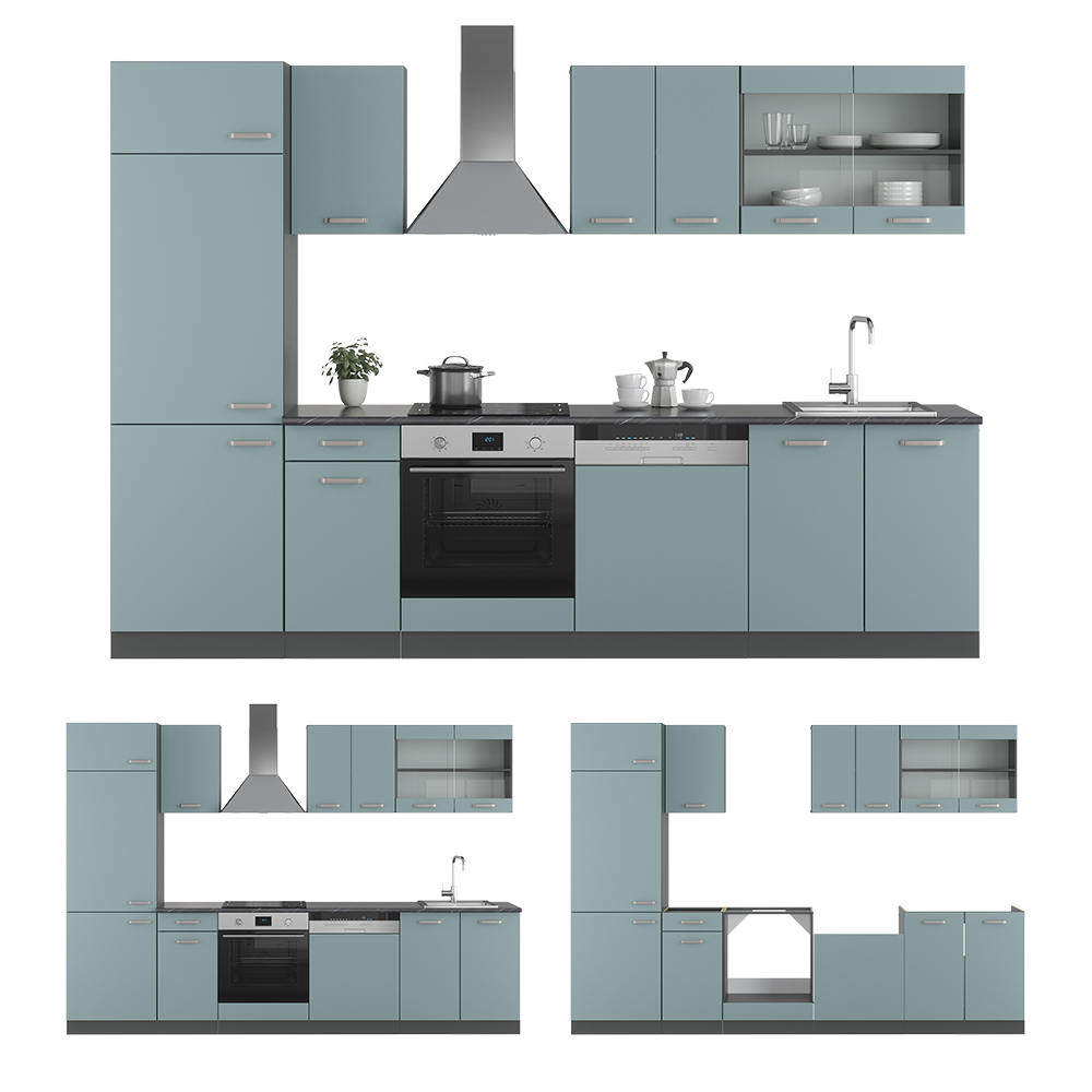 Vicco Küchenzeile "R-Line", Blau-Grau/Anthrazit, 300 cm ohne Arbeitsplatte
