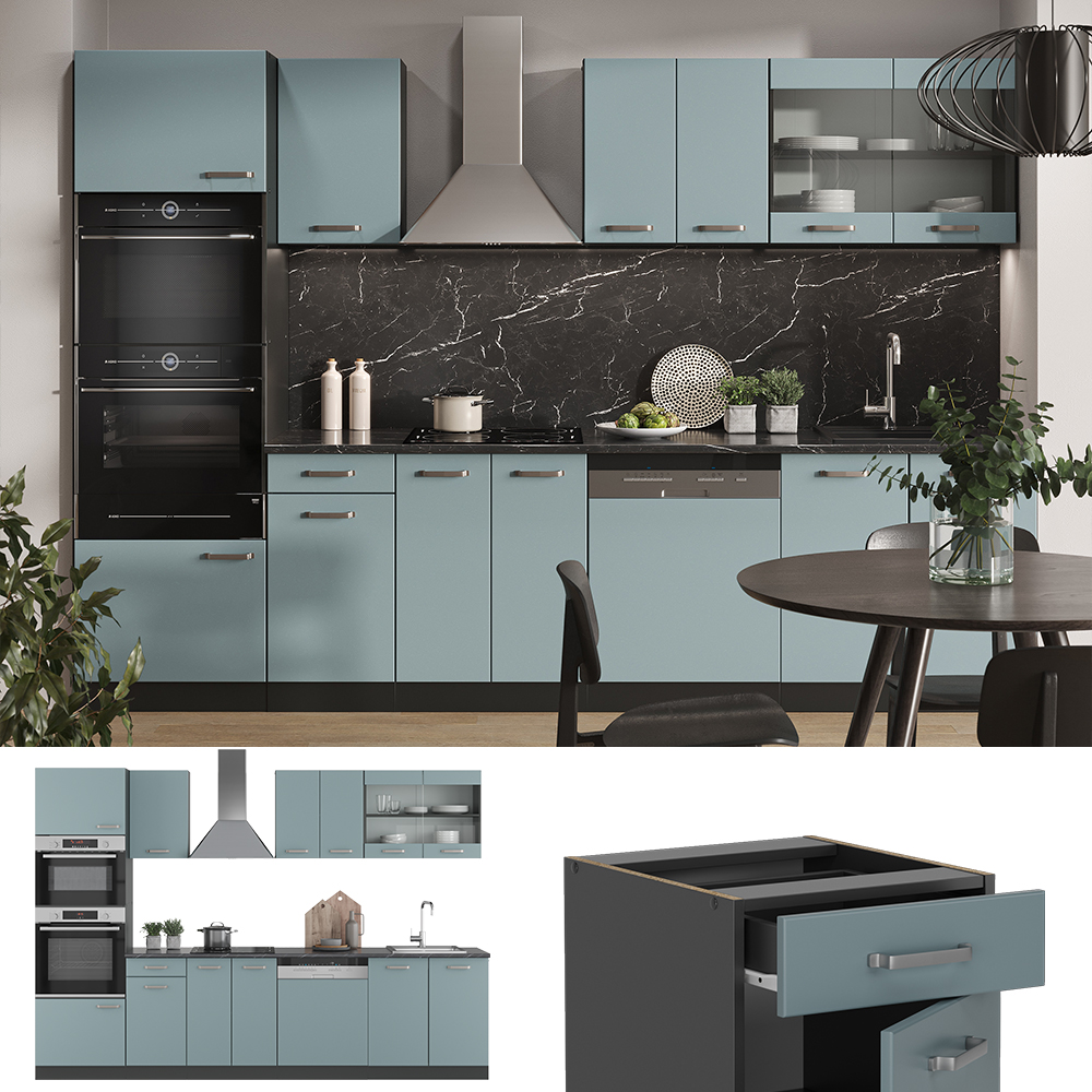 Vicco Küchenzeile "R-Line", Blau-Grau/Anthrazit, 300 cm mit Hochschrank, ohne Arbeitsplatte