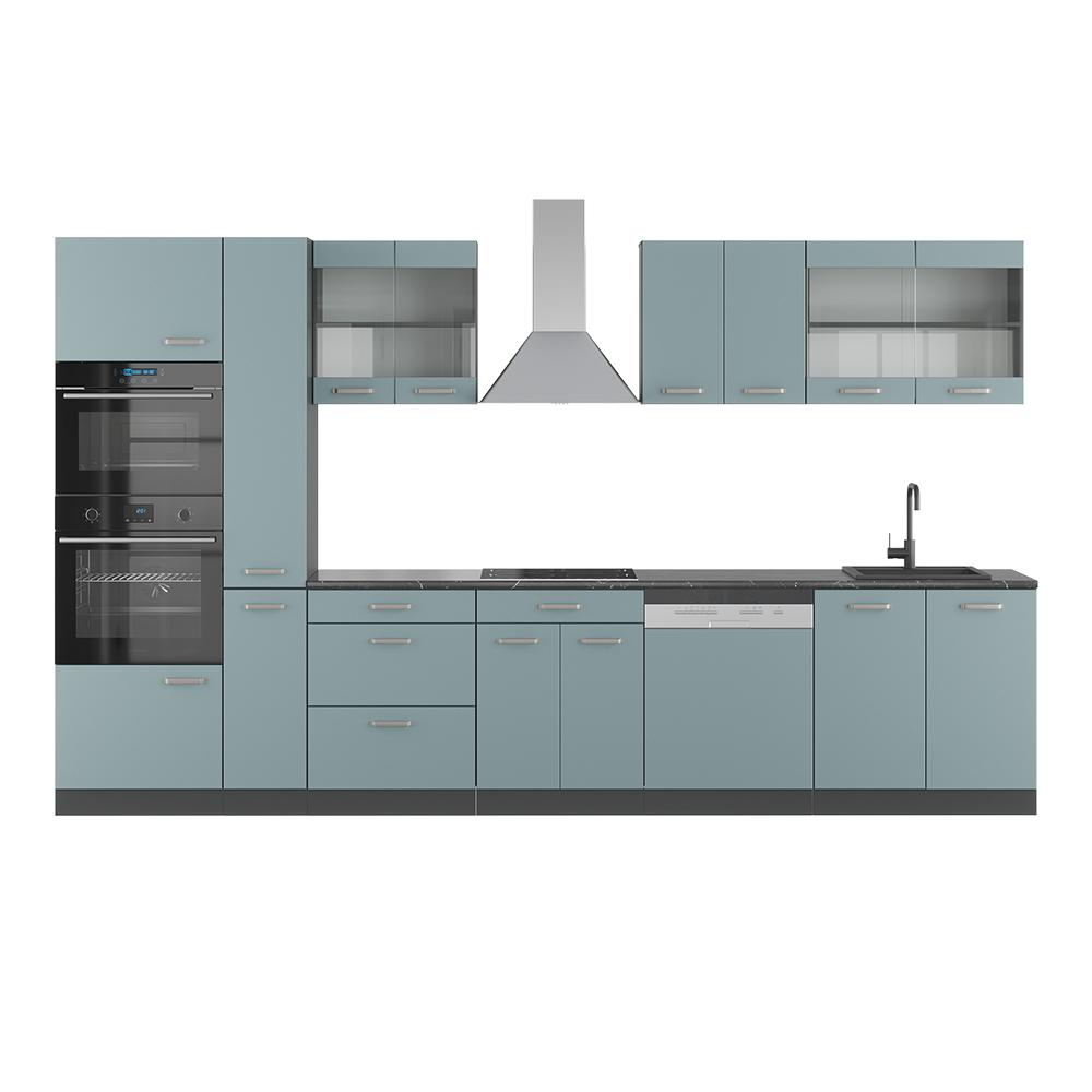 Vicco Küchenzeile "R-Line", Blau-Grau/Anthrazit, 350 cm mit Hochschrank, ohne Arbeitsplatte