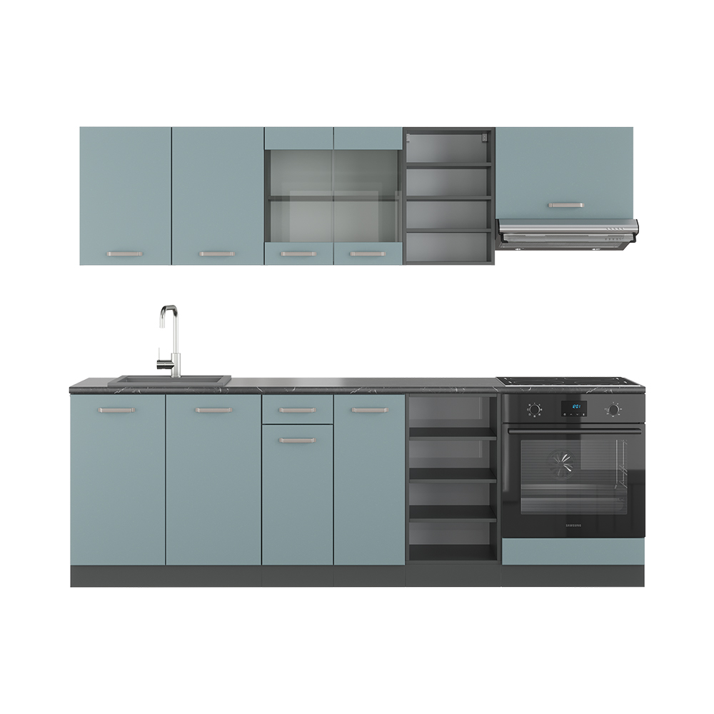 Vicco Küchenzeile "R-Line", Blau-Grau/Anthrazit, 240 cm ohne Arbeitsplatte