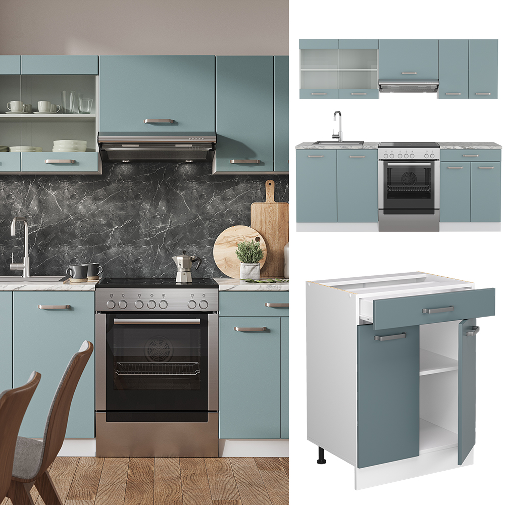 Vicco Küchenzeile "R-Line", Blau-Grau/Weiß, 200 cm ohne Arbeitsplatte
