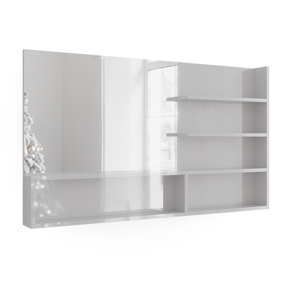 Badezimmerspiegel Weiß Hochglanz 119.8 x 70 cm mit offenen Fächern Vicco