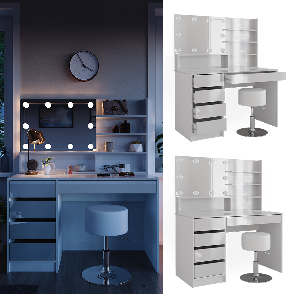 Vicco Schminktisch Weiß 145 cm mit LED Beleuchtung, Hocker und ...