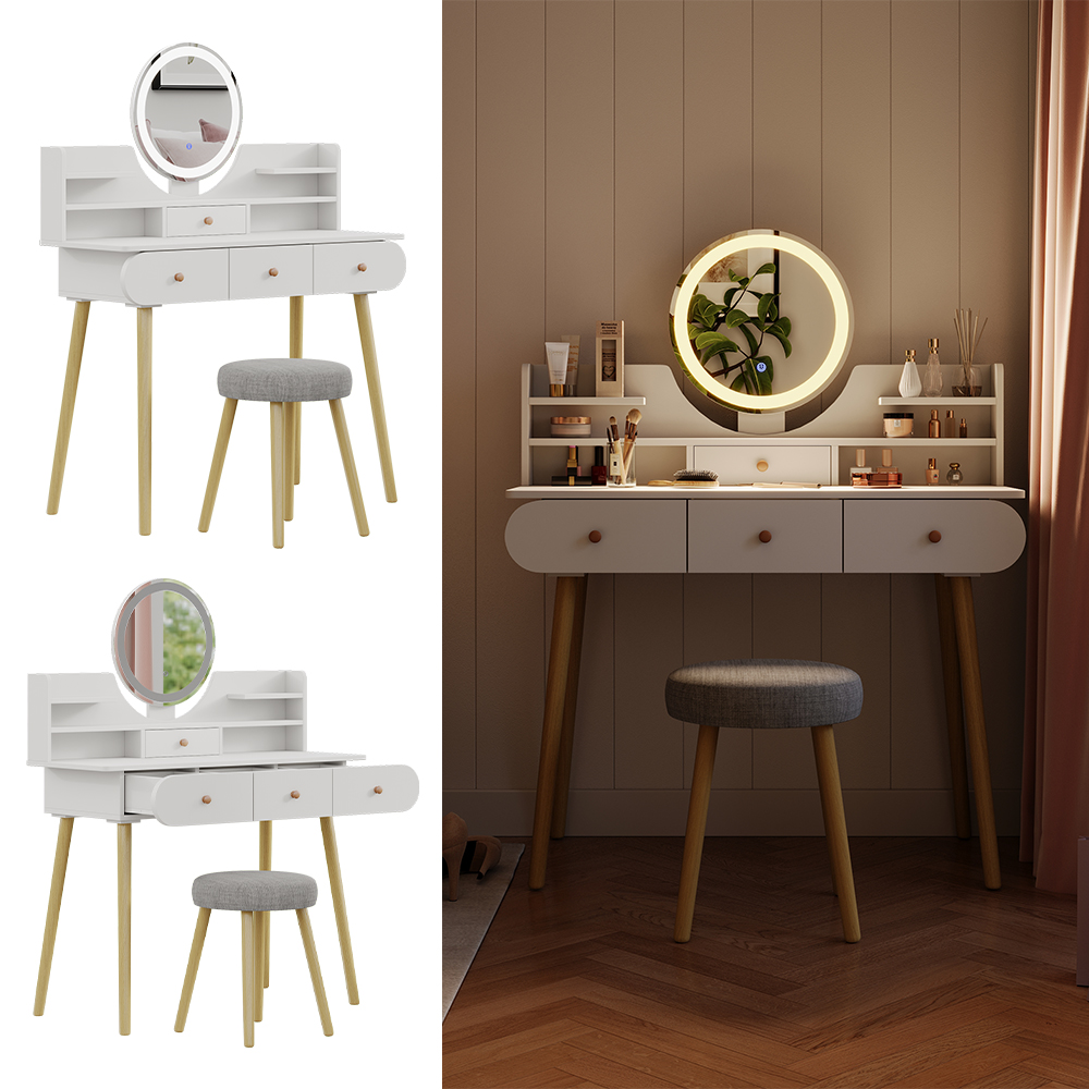 Coiffeuse Azur Blanc Avec Miroir LED Et Tabouret – Vicco Pour Chambre Ado