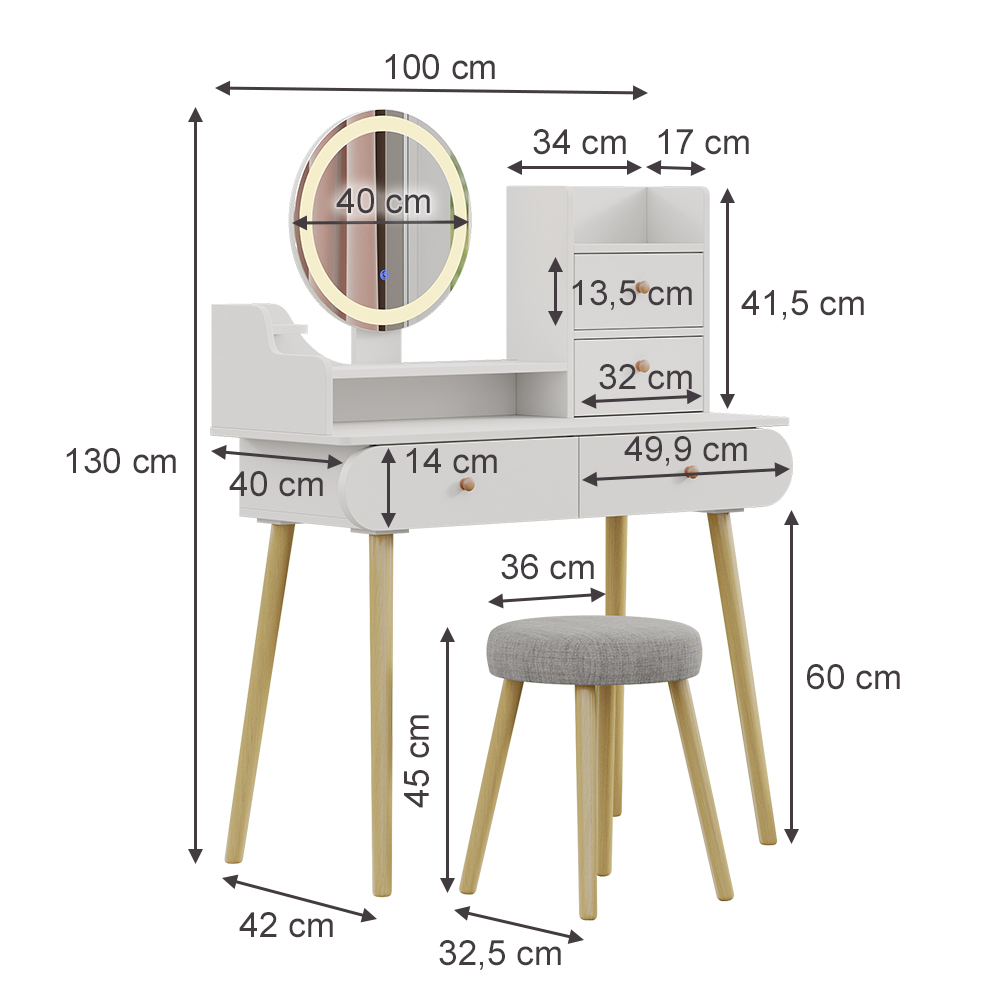 Vicco Schminktisch Mirela Mit LED-Spiegel & Hocker - Stylischer Beauty-Tisch Mit Stauraum