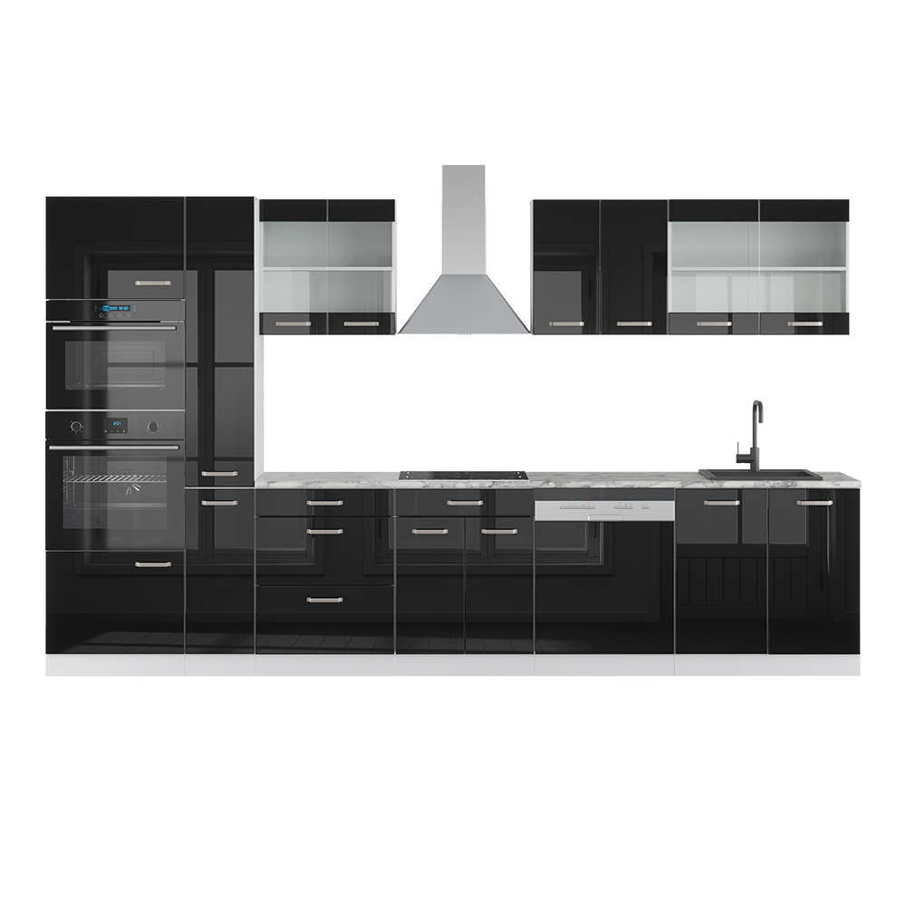Vicco Küchenzeile "R-Line", Schwarz Hochglanz/Weiß, 350 cm mit Hochschrank, ohne Arbeitsplatte