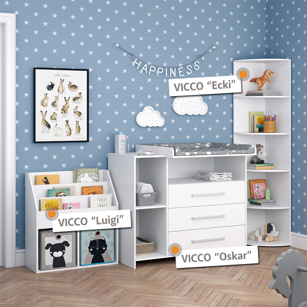 Kinderzimmer-Set "Oskar" Weiß 3 Teile, mit Wickelkommode, Spielzeugregal und Bücherregal Vicco