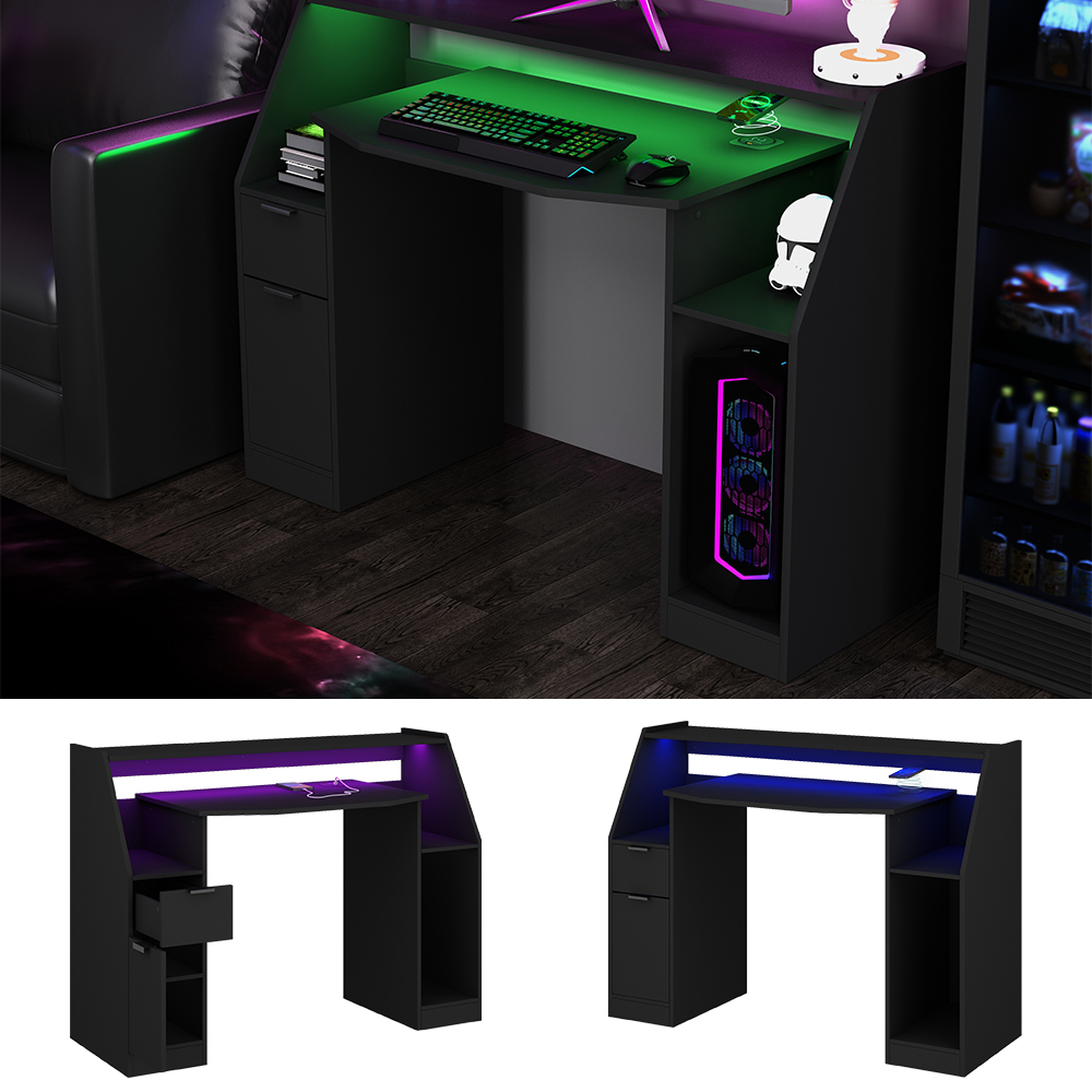 Gaming Tisch "Tails" Schwarz 123 x 55 cm mit LED & QI Livinity