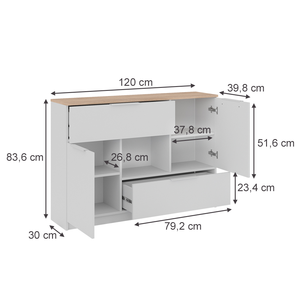 Sideboard "Betti" Weiß/Sonoma 120 x 83.6 cm 2x Tür, 2x Schublade und 1x offenes Fache Vicco