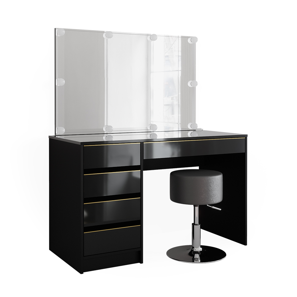 Coiffeuse Avec Miroir 10 LED 3 Couleurs, Deux Tiroirs Et Six Étagères De Rangement Noir - Coiffeuse - Tabouret