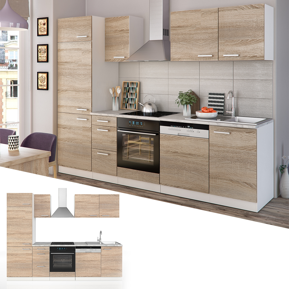 Küchenzeile "Optima" Sonoma/Weiß 270 cm ohne Arbeitsplatte Vicco