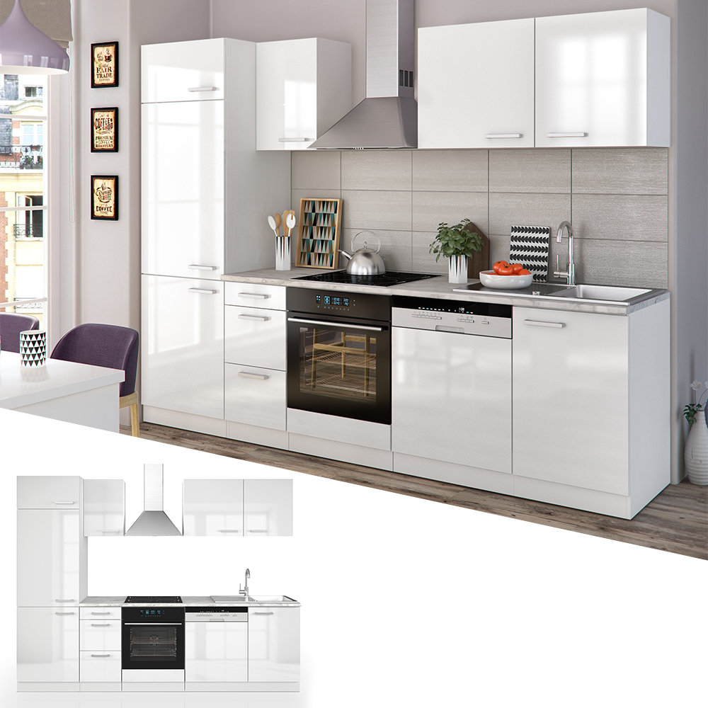 Küchenzeile "Optima" Weiß Hochglanz/Weiß 270 cm ohne Arbeitsplatte Vicco