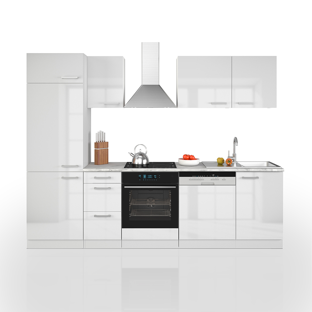 Küchenzeile "Optima" Weiß Hochglanz/Weiß 270 cm ohne Arbeitsplatte Vicco