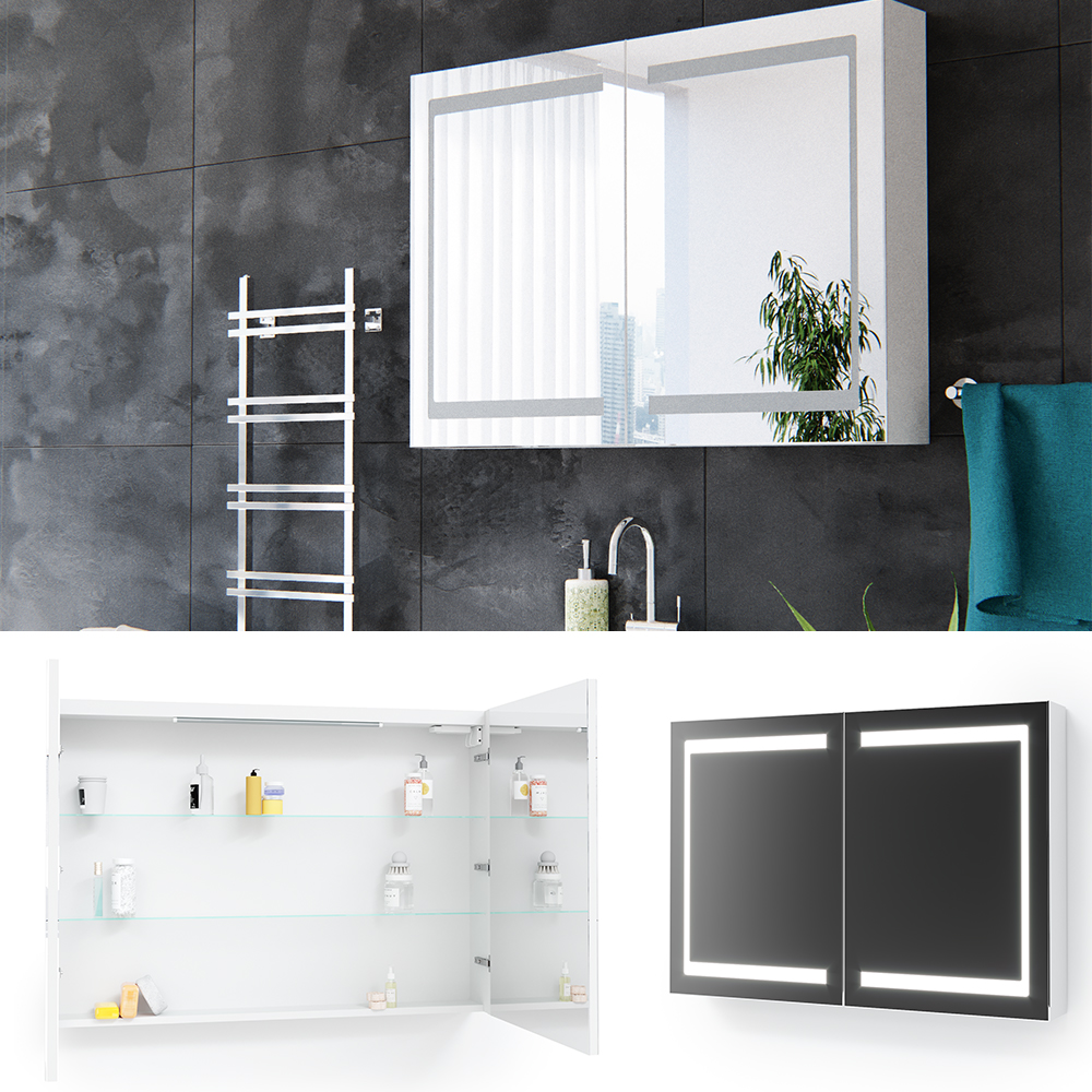 Bad Spiegelschrank Weiß 100 x 65 cm mit 2 Türen und LED Beleuchtung Vicco
