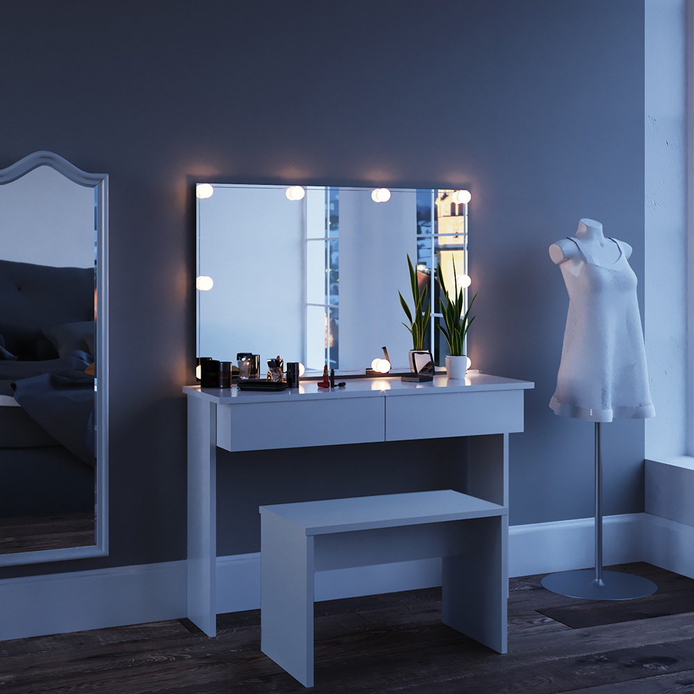 Coiffeuse "Azur" Blanc brillant avec banc et éclairage LED Vicco
