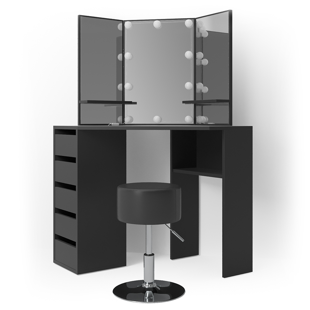 Vicco Coiffeuse Noir 110 cm avec éclairage LED et tabouret, Arielle ...