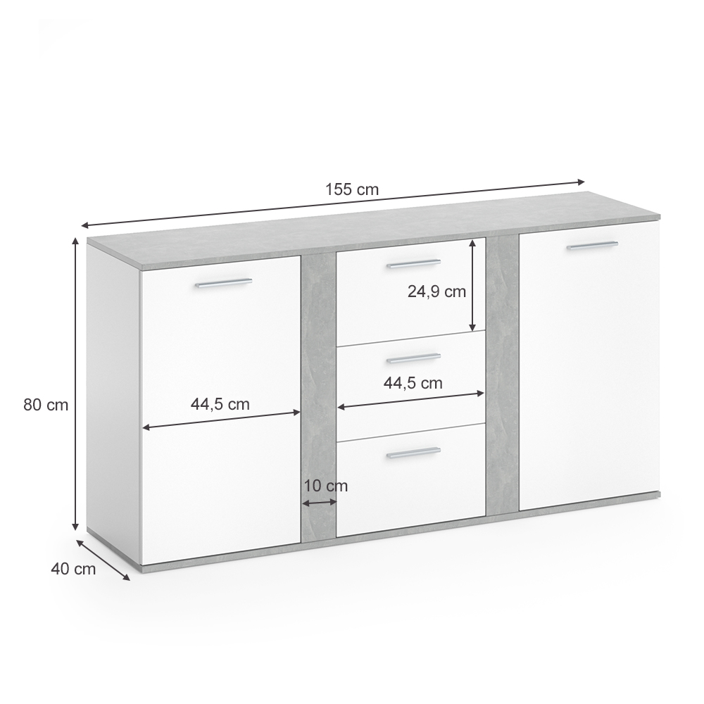 Sideboard "Novelli" Beton/Weiß 155 x 80 cm mit Schubladen Vicco
