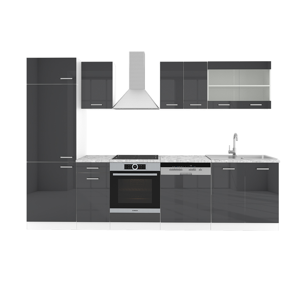 Küchenzeile "R-Line" Anthrazit Hochglanz/Weiß 300 cm mit Arbeitsplatte Vicco