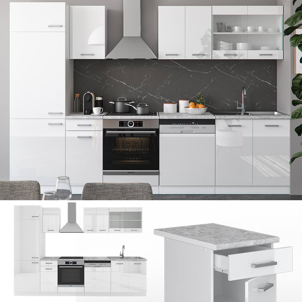 Küchenzeile "R-Line" Weiß Hochglanz/Weiß 300 cm ohne Arbeitsplatte Vicco