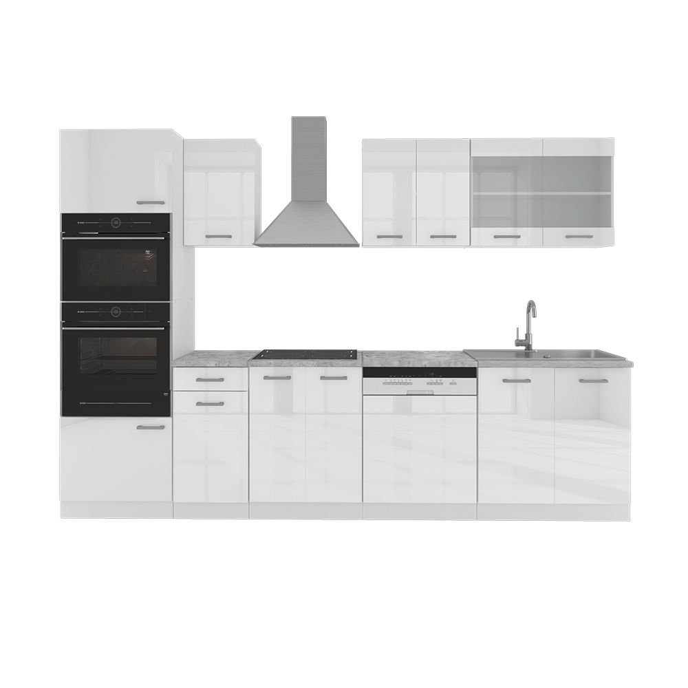 Küchenzeile "R-Line" Weiß Hochglanz/Weiß 300 cm mit Hochschrank, ohne Arbeitsplatte Vicco
