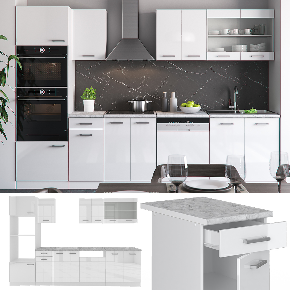 Küchenzeile "R-Line" Weiß Hochglanz/Weiß 300 cm mit Hochschrank, ohne Arbeitsplatte Vicco