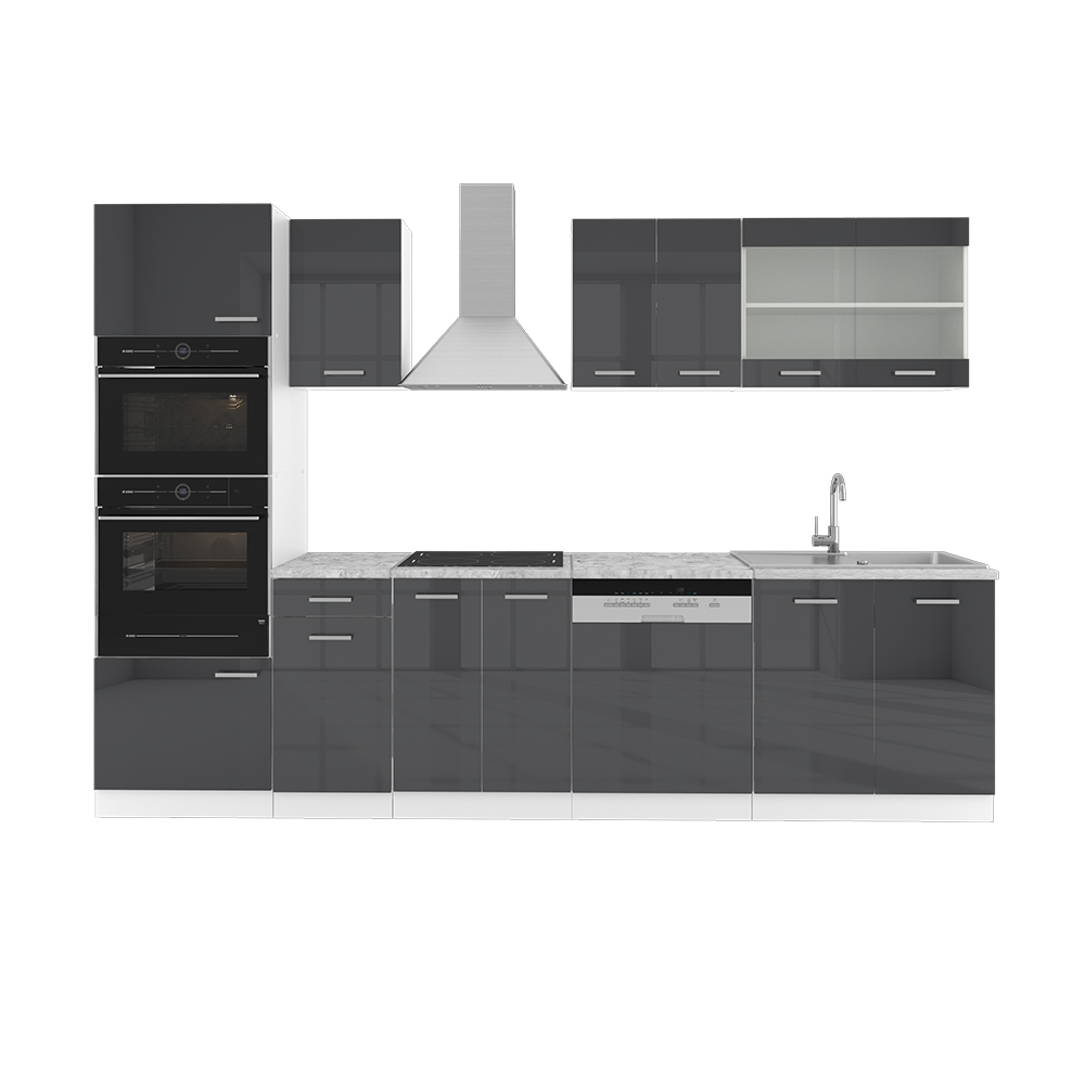 Kuhinjski blok "R-Line", Antracit visok sijaj/bela, 300 cm z visoko omaro, brez delovne plošče, Vicco