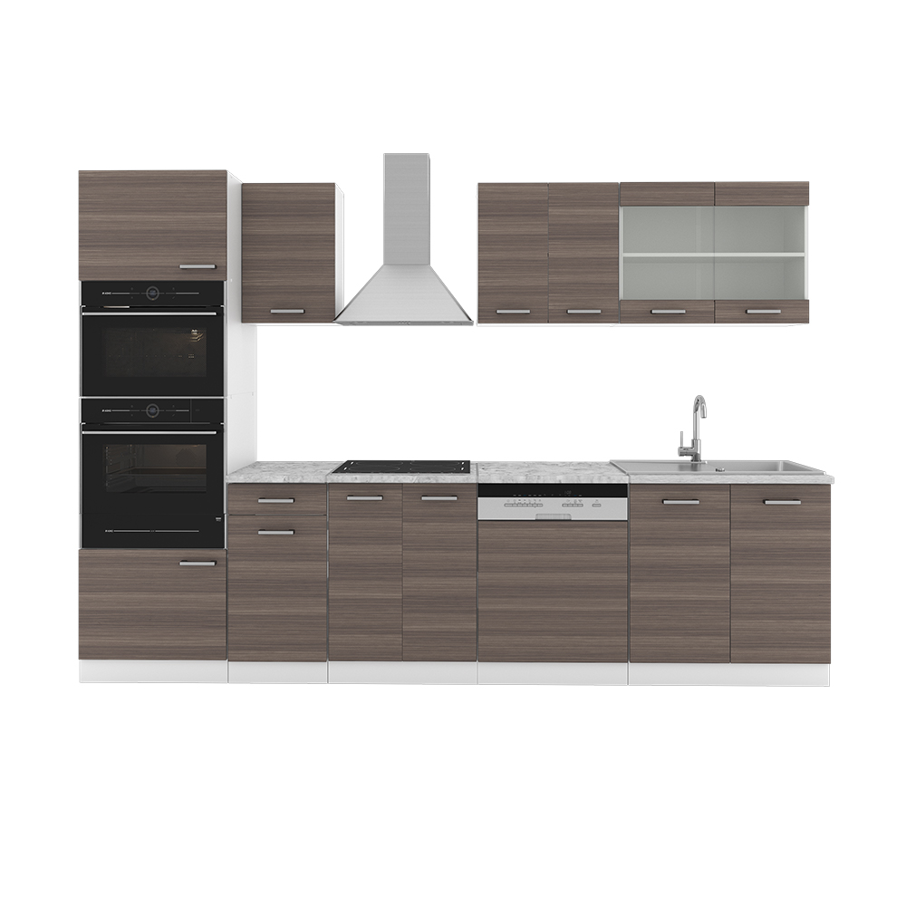 Küchenzeile "R-Line" Edelgrau/Weiß 300 cm mit Hochschrank, ohne Arbeitsplatte Vicco