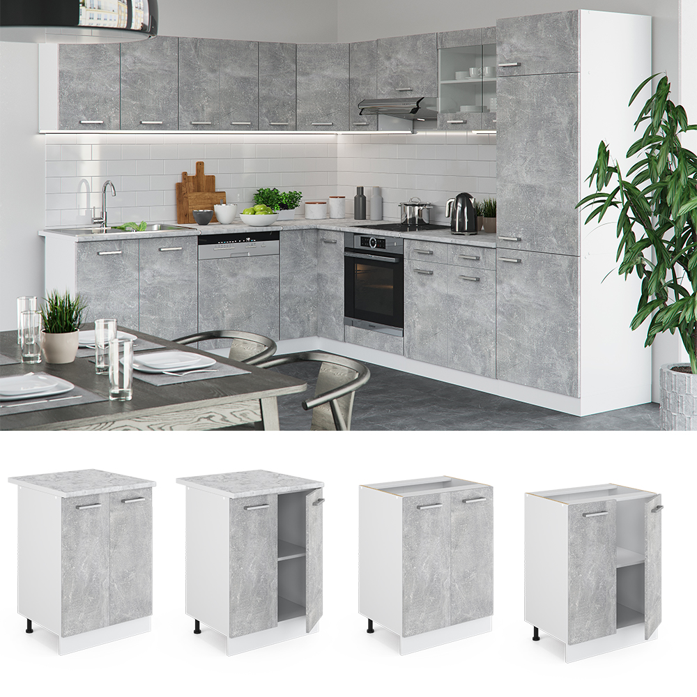 Küchenunterschrank "R-Line" Beton/Weiß 60 cm mit Arbeitsplatte Vicco