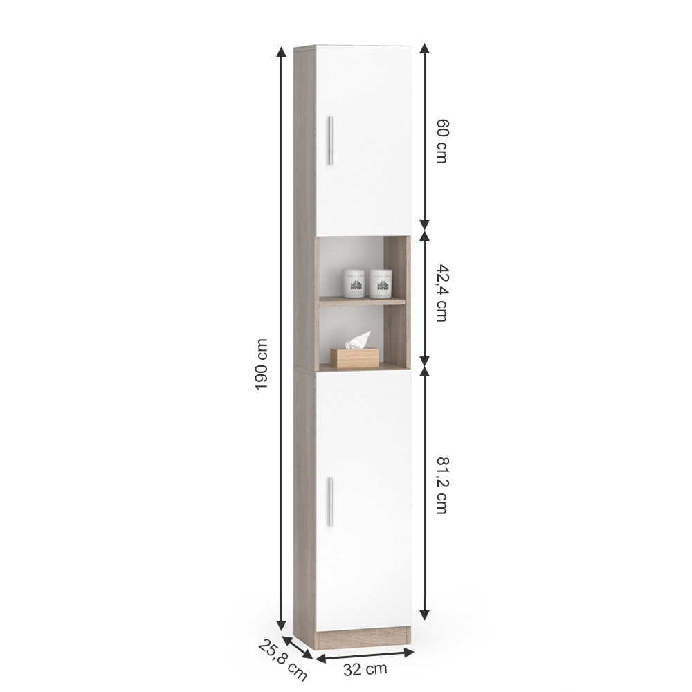 meuble de rangement de salle de bain "Luis", Sonoma/Blanc, 32 x 190 cm, Vicco