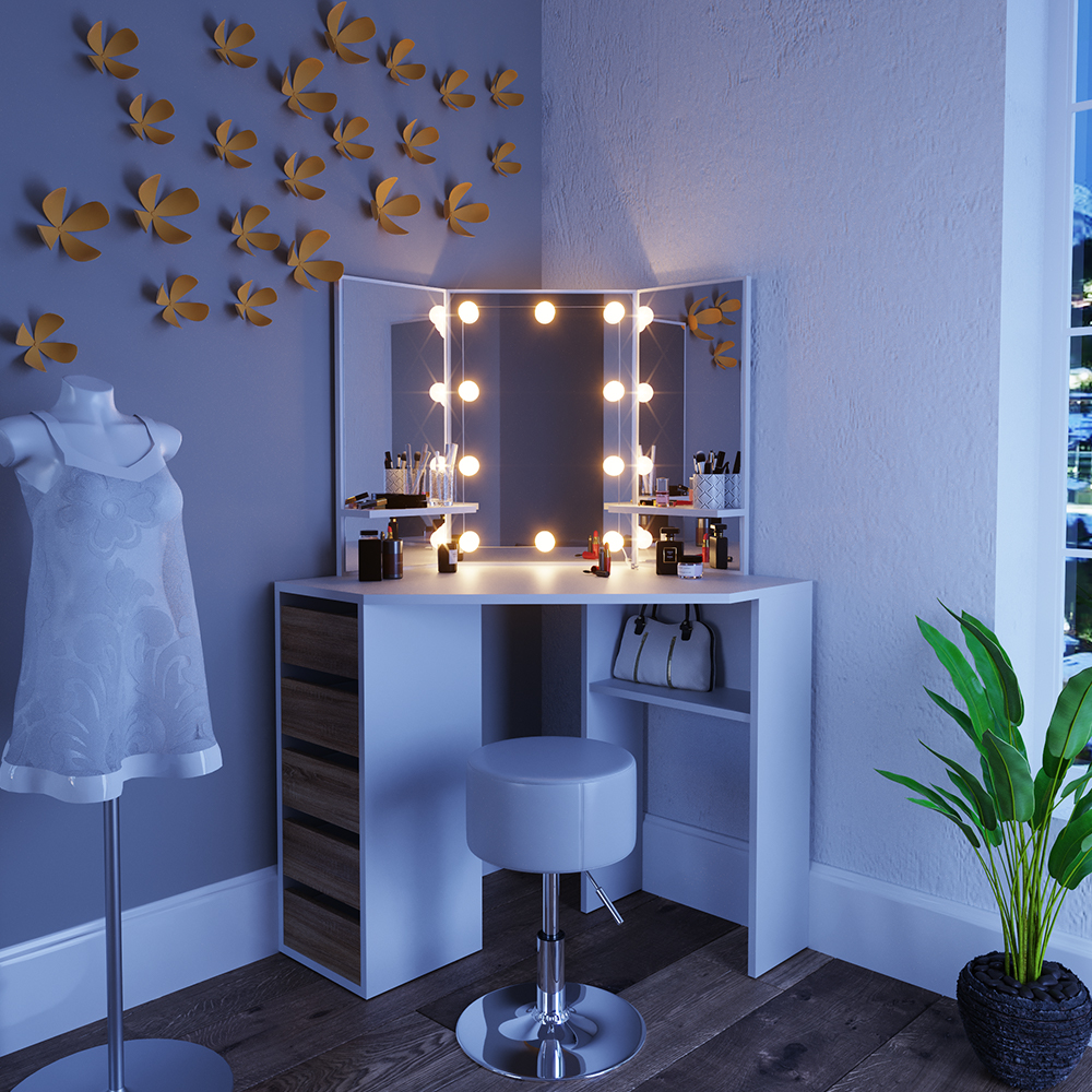 Eckschminktisch "Arielle" Weiß/Sonoma/Sonoma 110 cm mit LED Beleuchtung und Hocker Vicco