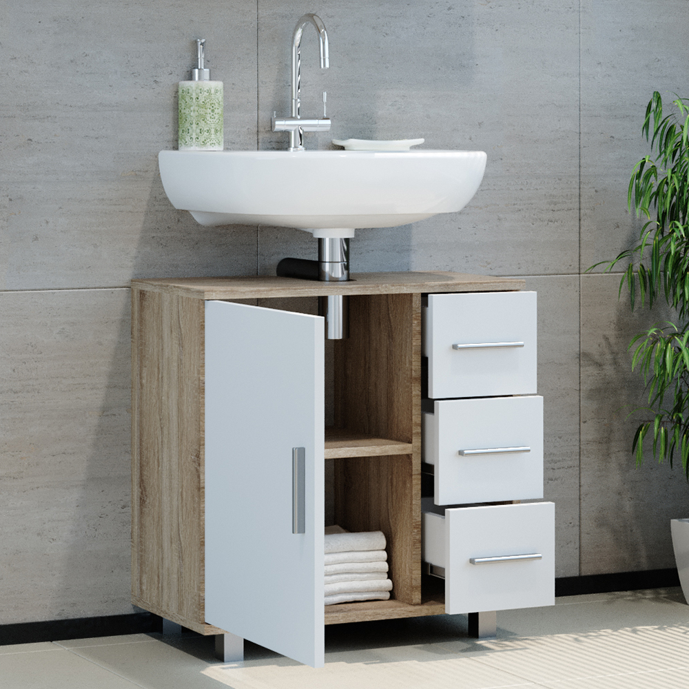 meuble sous vasque simple "Ilias", Sonoma/Blanc, 60 x 60.8 cm, Vicco