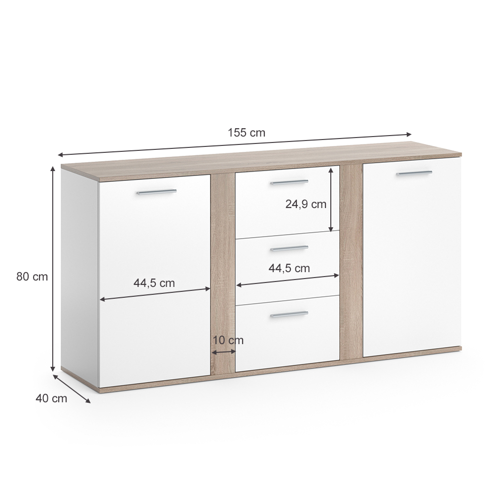 commode avec tiroirs "Novelli", Sonoma/Blanc, 155 x 80 cm avec tiroirs, Vicco
