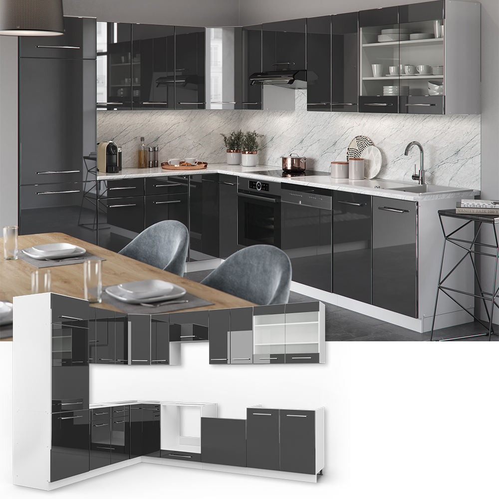 Vicco Cuisine en angle Anthracite maison de campagne/blanc 347x257cm
