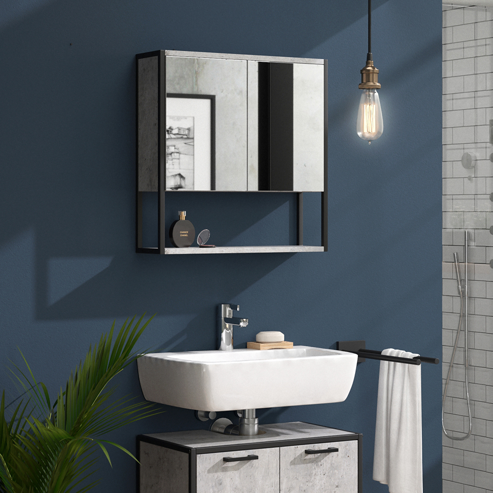 armoire de toilette "Fyrk", Béton/Noir, 60 x 60 cm, Vicco