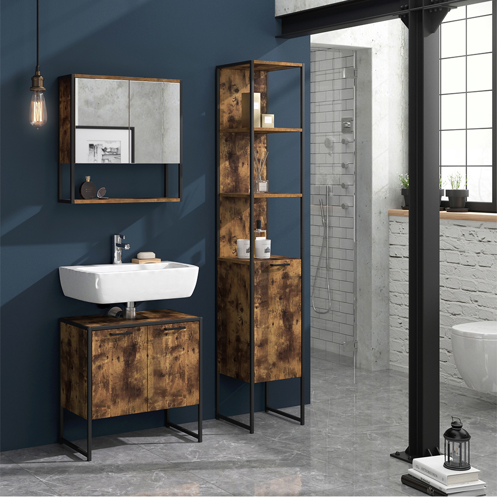 meuble de rangement de salle de bain "Fyrk", Chêne rustique/Noir, 33 x 185 cm, Vicco