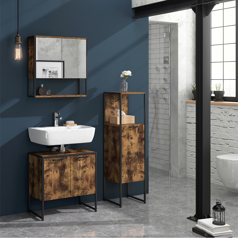 meuble de rangement de salle de bain "Fyrk", Chêne rustique/Noir, 33 x 120.4 cm, Vicco