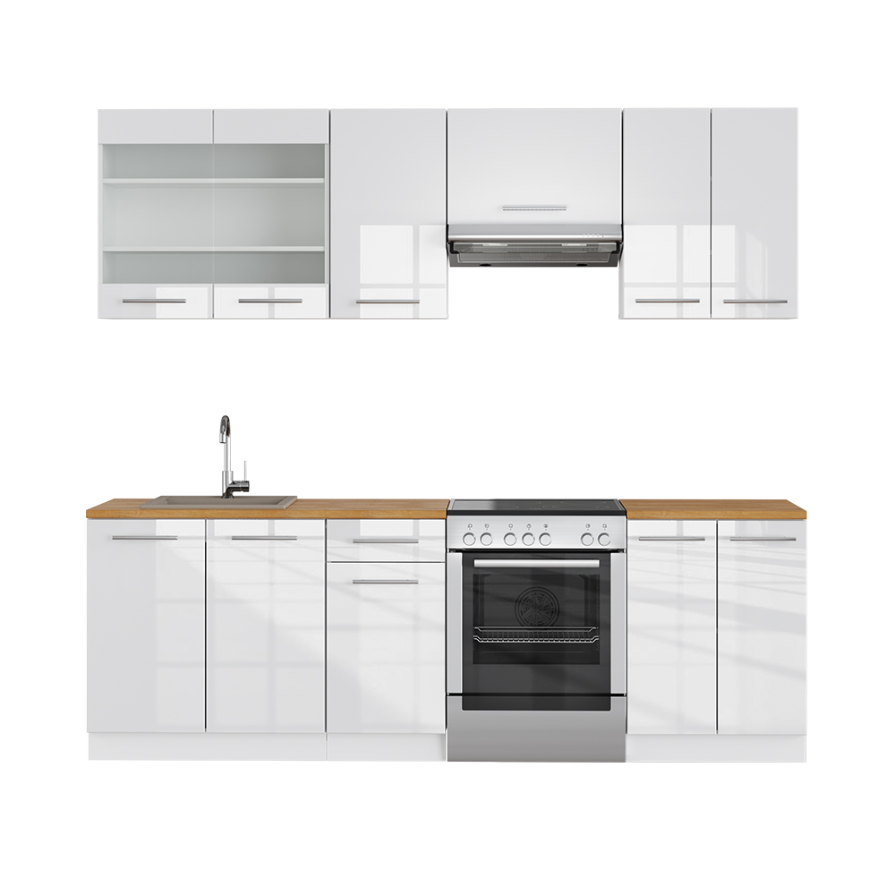 Küchenzeile "Fame-Line" Weiß Hochglanz/Weiß 240 cm ohne Arbeitsplatte Vicco