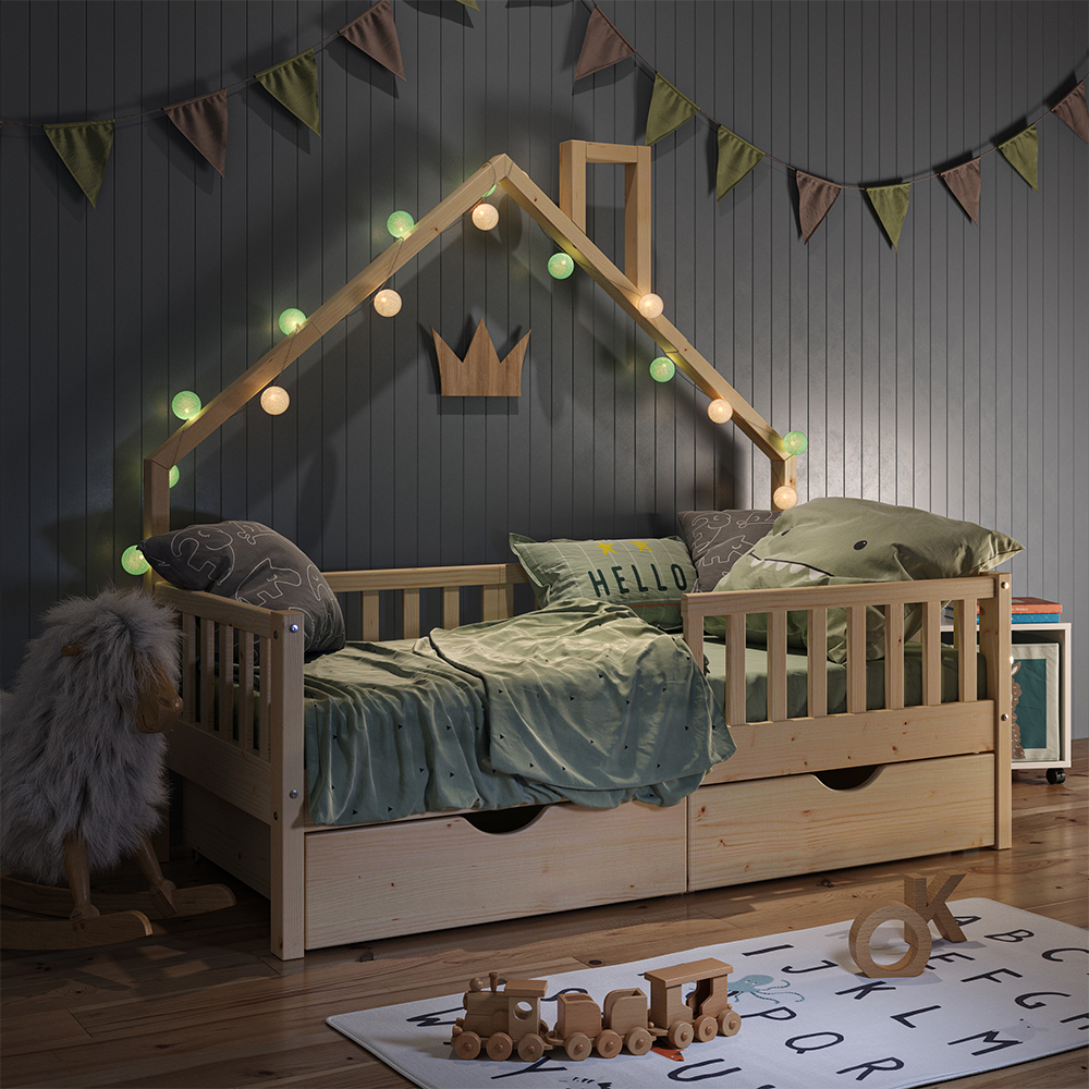 Lit Cabane Enfant Franka En Bambou 80x160cm - Blanc Avec 2 Tiroirs De Rangement - VitaliSpa