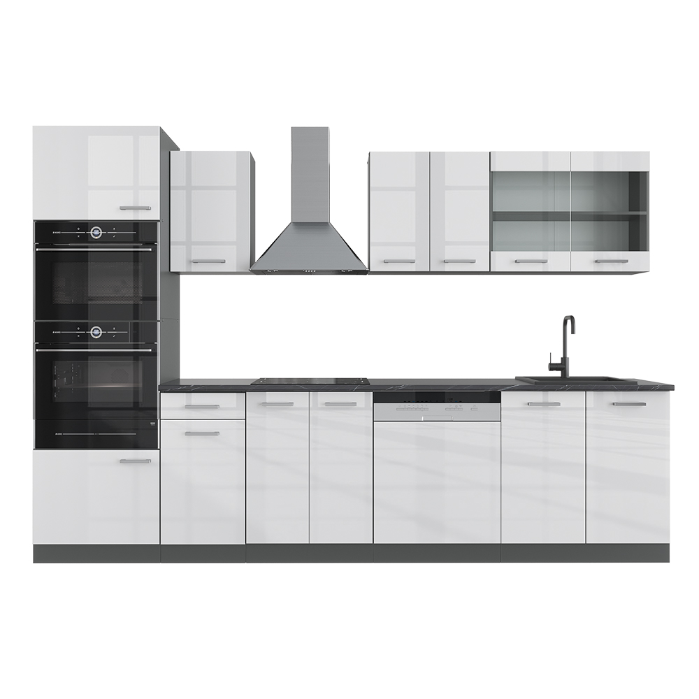 Küchenzeile "R-Line" Weiß Hochglanz/Anthrazit 300 cm mit Hochschrank, ohne Arbeitsplatte Vicco
