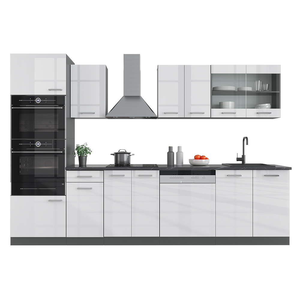 Küchenzeile "R-Line" Weiß Hochglanz/Anthrazit 300 cm mit Hochschrank, ohne Arbeitsplatte Vicco