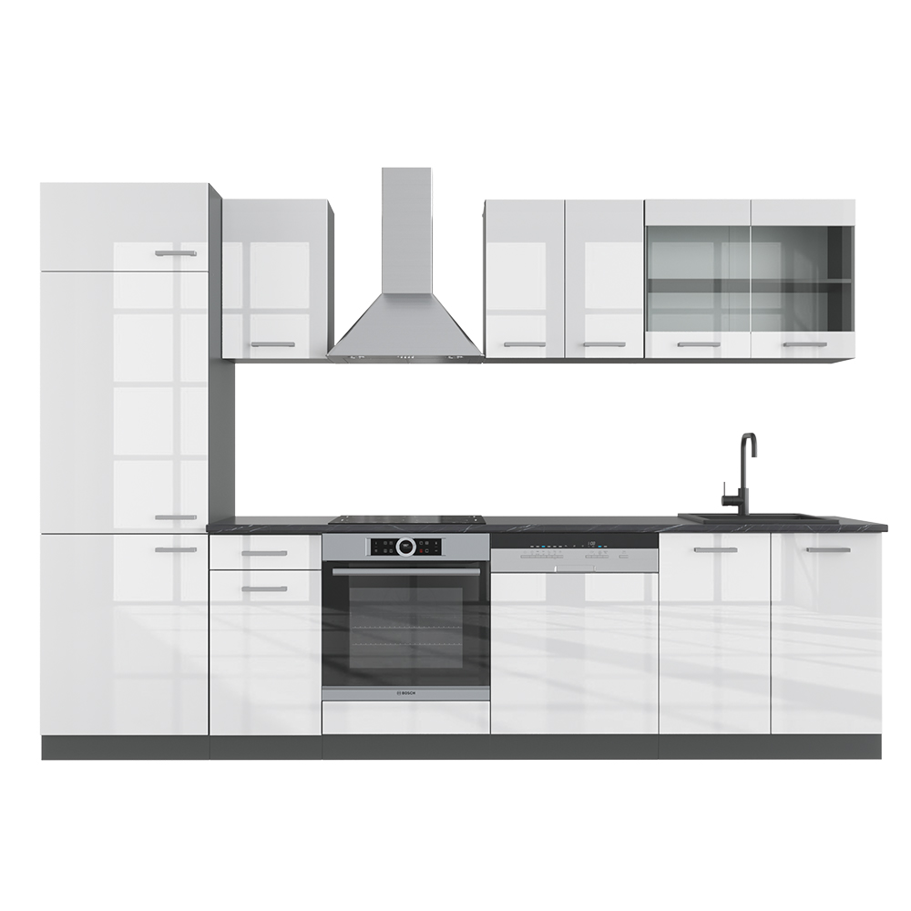 Küchenzeile "R-Line" Weiß Hochglanz/Anthrazit 300 cm ohne Arbeitsplatte Vicco